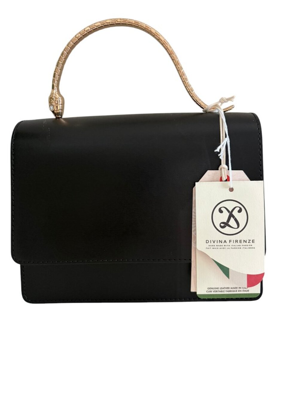 Divina Firenze Made In Italy Black  Leather Crossbody w/Gold-Tones Snake Handle